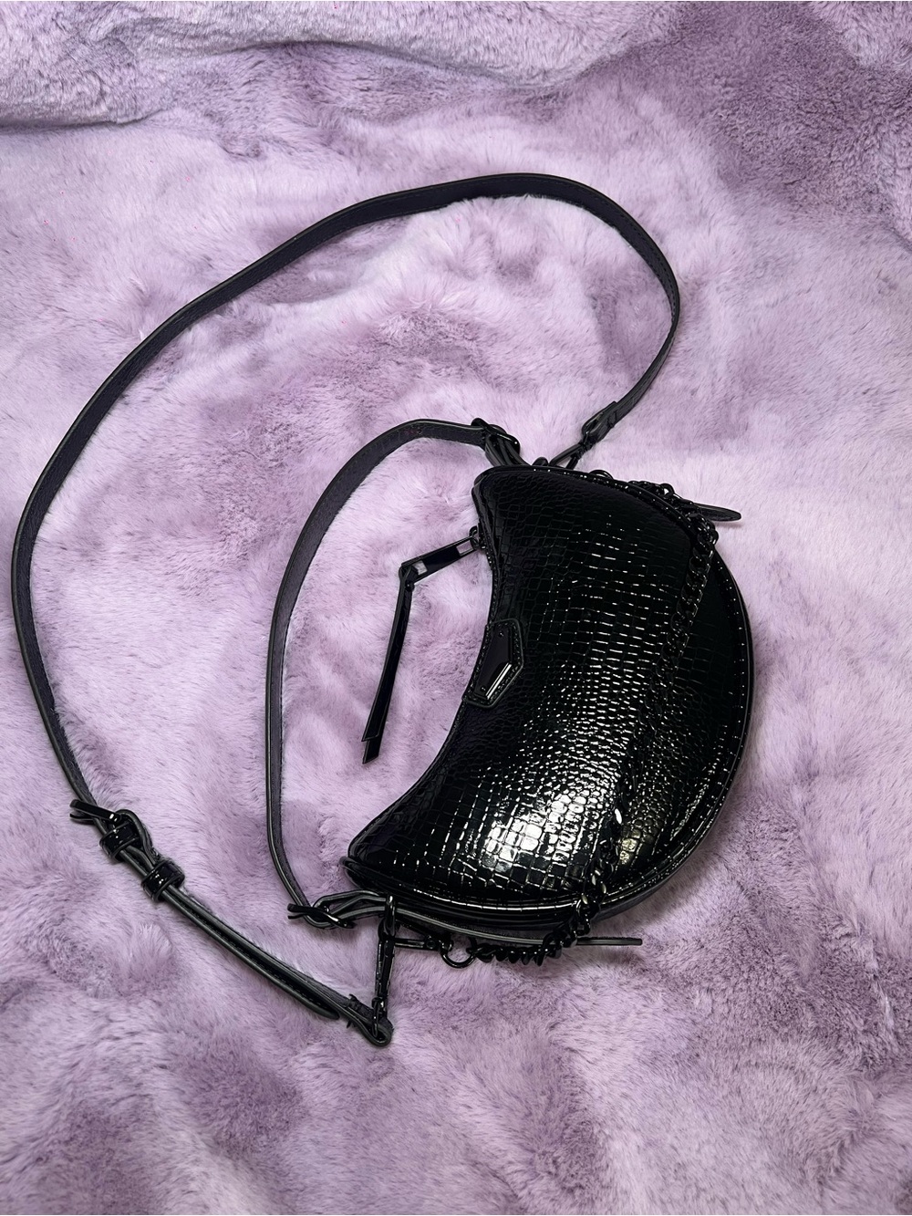 Black Croc-Embossed Crescent Crossbody